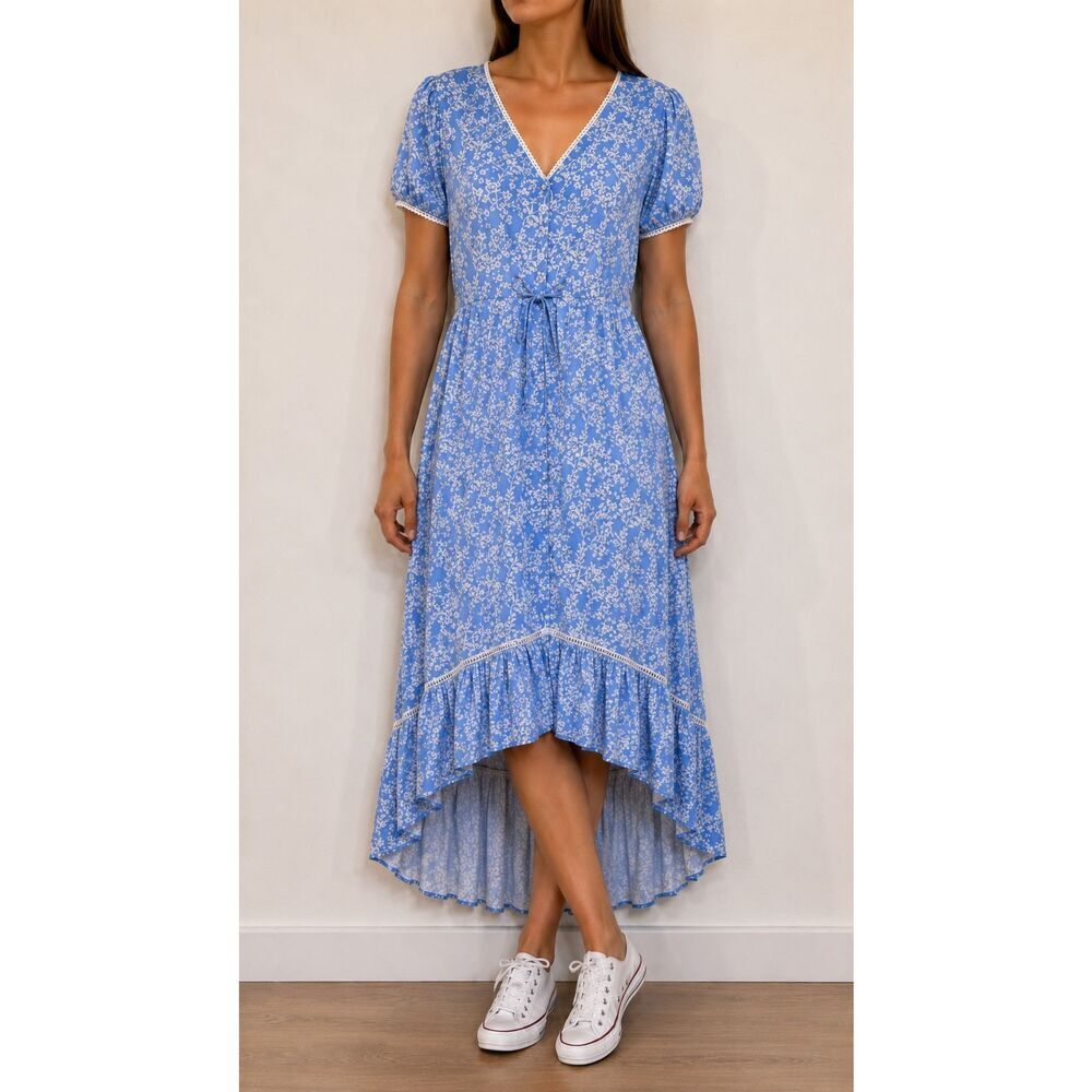 Walker & Wade Blue White Floral High Low Dress Boho Ruffle Hem Women’s Size L